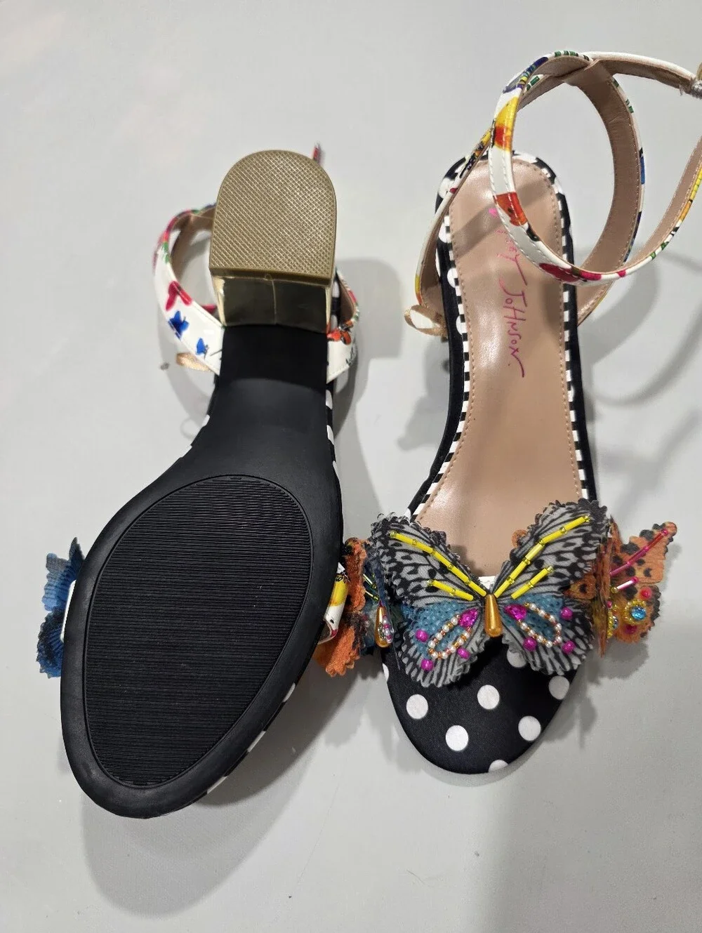 Betsey Johnson Black Polka Dot Sandals with Multicolor Butterfly Embellishments - Picture 12 of 13